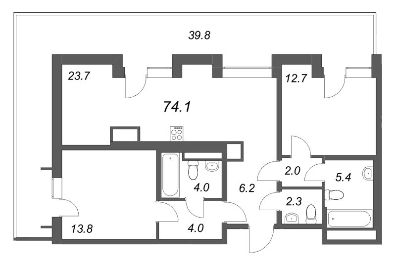 3 ккв (Евро) 74,1 м²