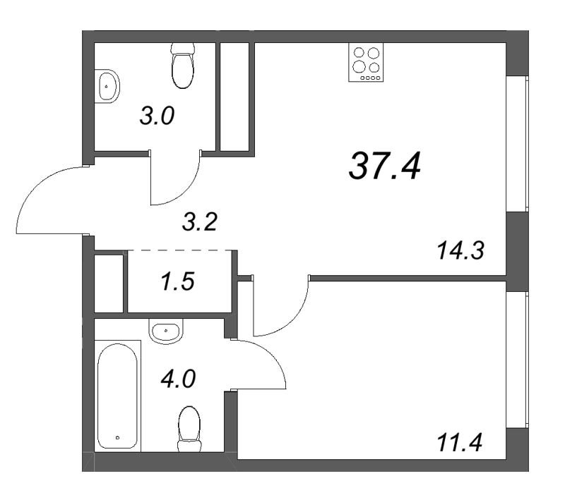 1 ккв 37,4 м²
