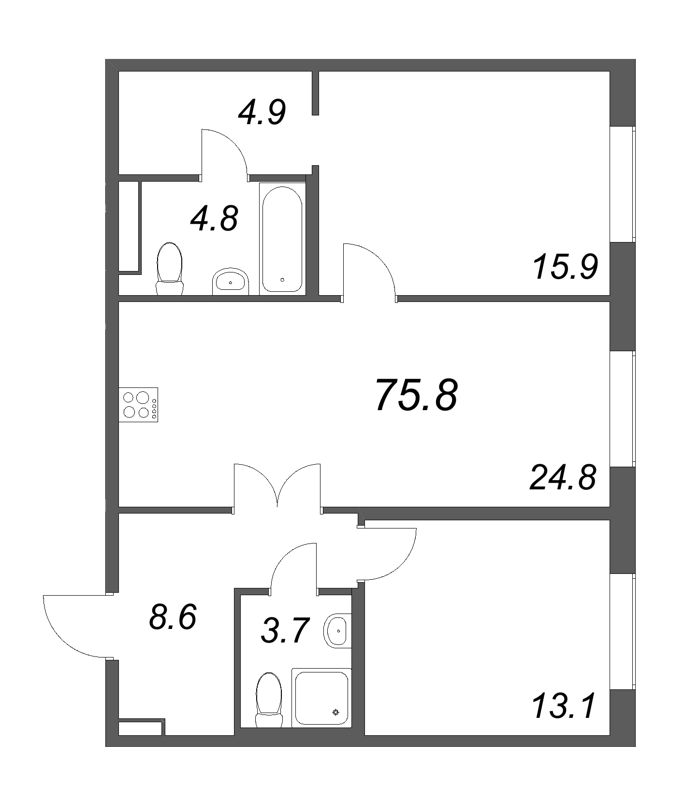 3 ккв (Евро) 75,9 м²