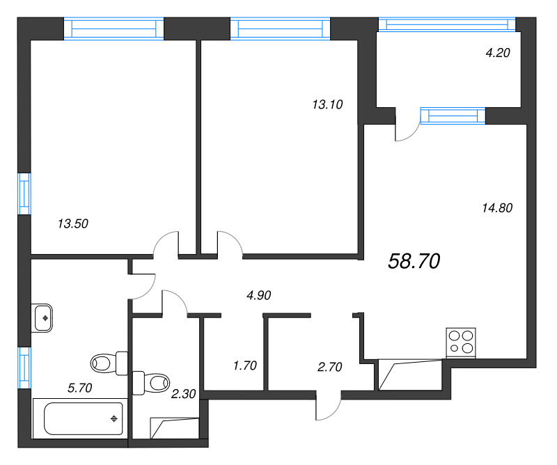 2 ккв 58,7 м²