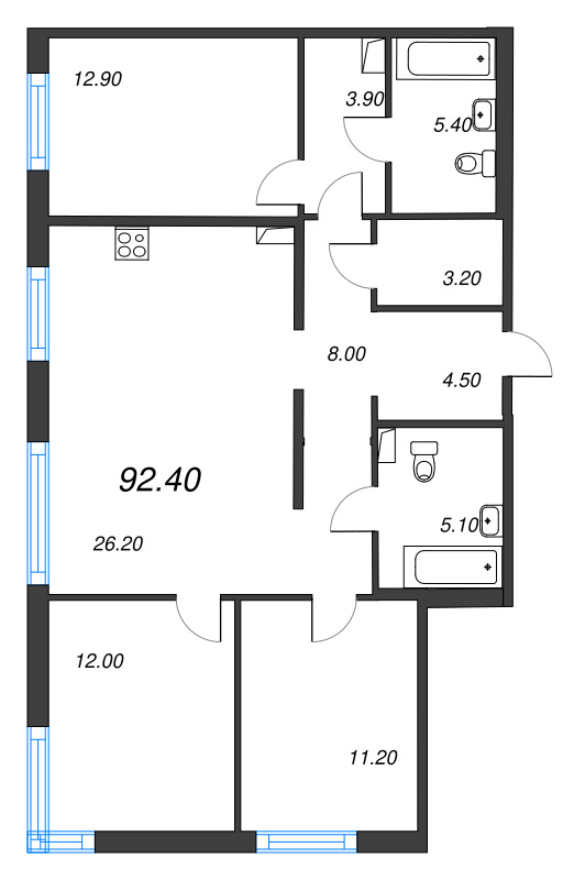 4 ккв (Евро) 92,4 м²