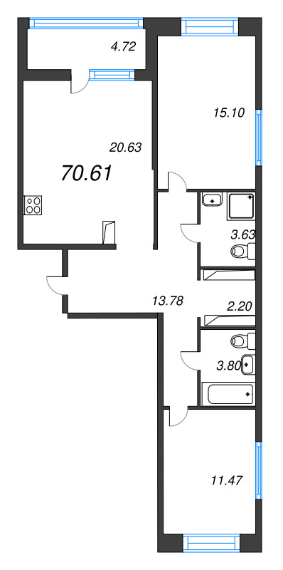 3 ккв (Евро) 70,6 м²