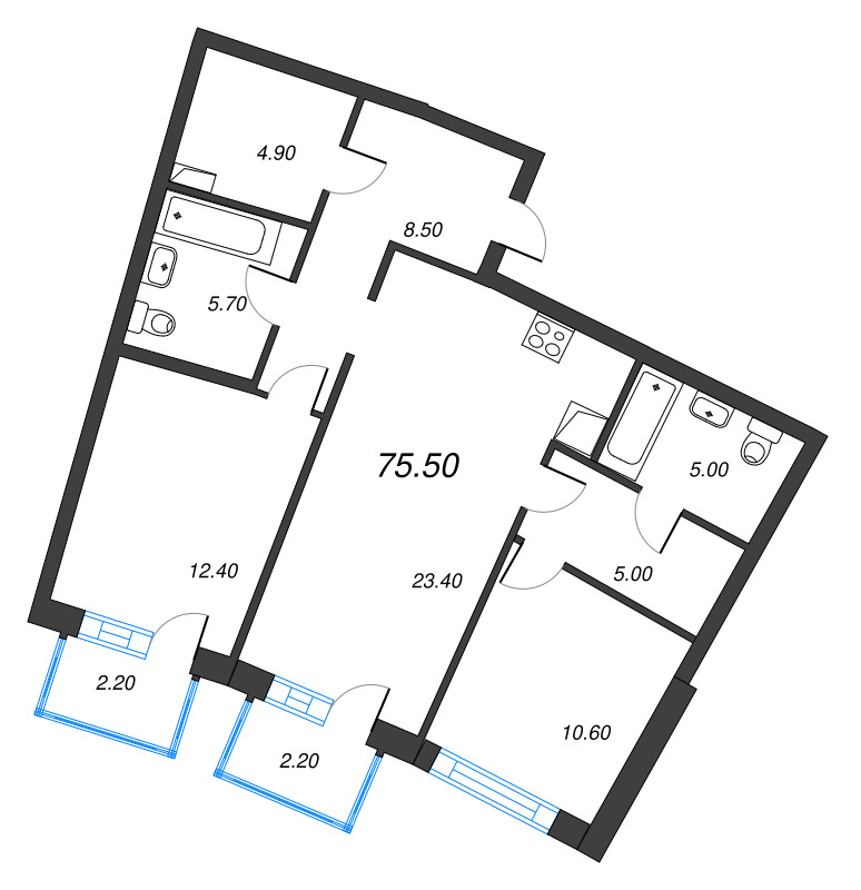 3 ккв (Евро) 75,5 м²