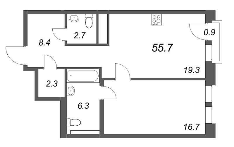 2 ккв (Евро) 55,7 м²