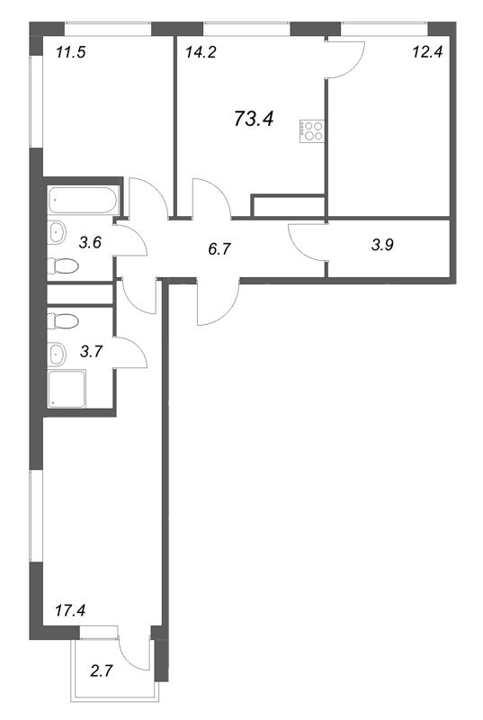 3 ккв 73,4 м²