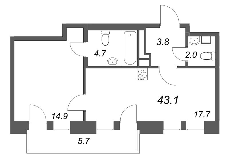 2 ккв (Евро) 43,1 м²