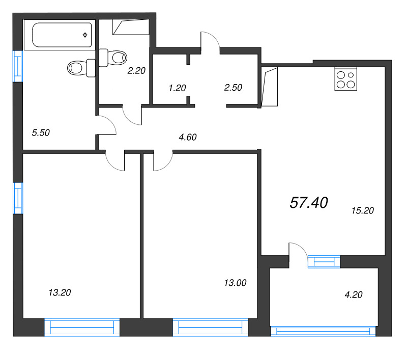 3 ккв (Евро) 57,4 м²
