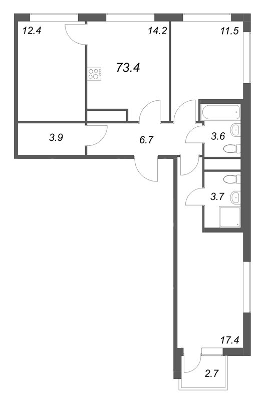 3 ккв 73,4 м²