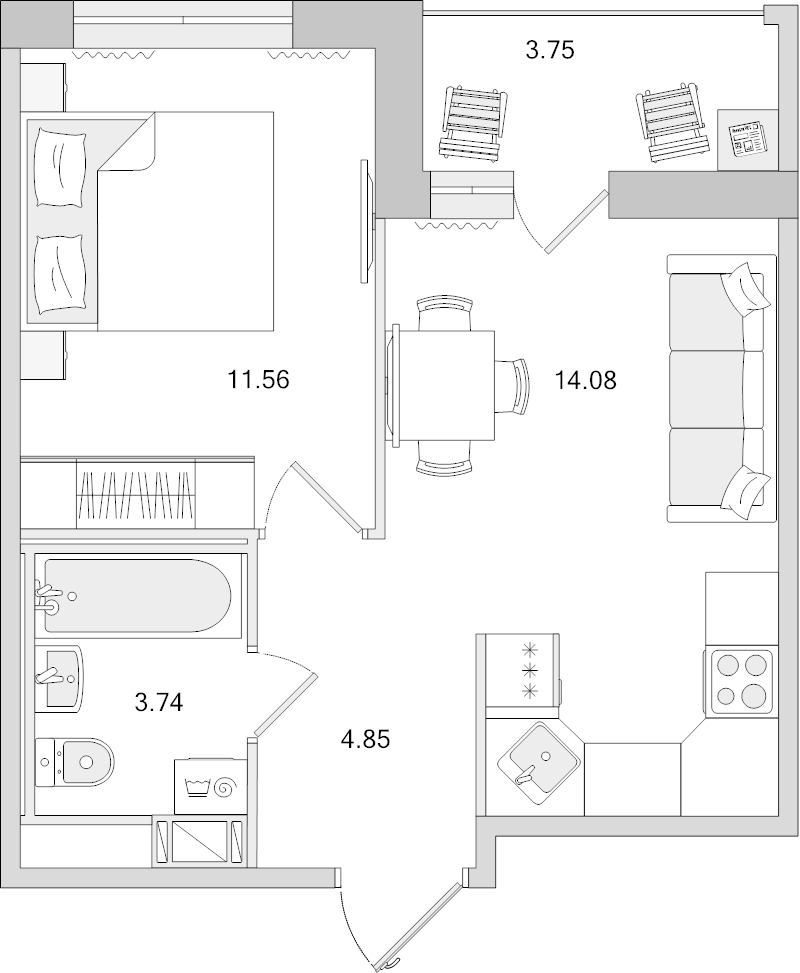1 ккв 38 м²