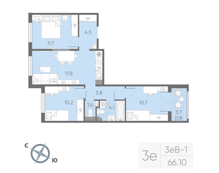 4 ккв (Евро) 66,1 м²