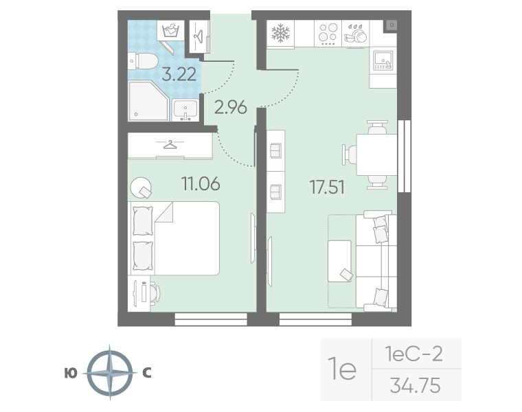2 ккв (Евро) 34,8 м²
