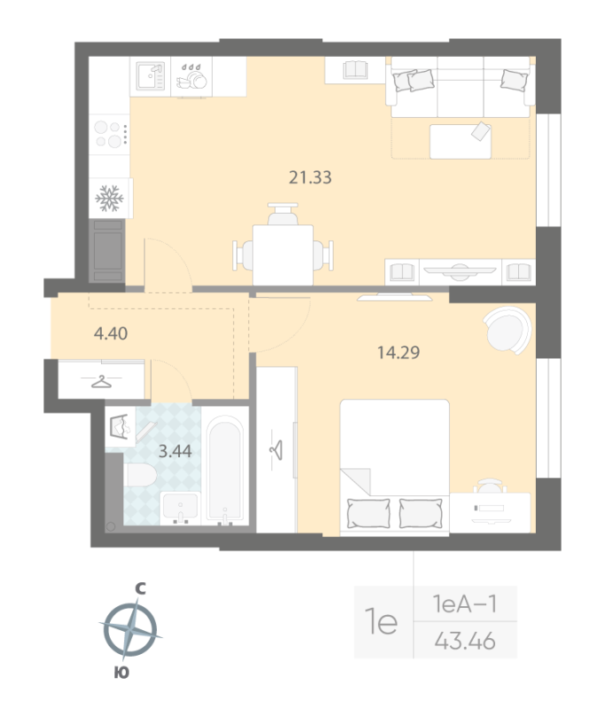 2 ккв (Евро) 43,5 м²
