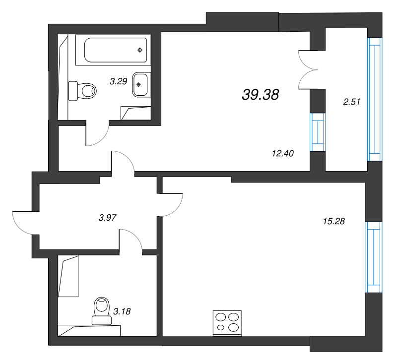 2 ккв (Евро) 39,4 м²