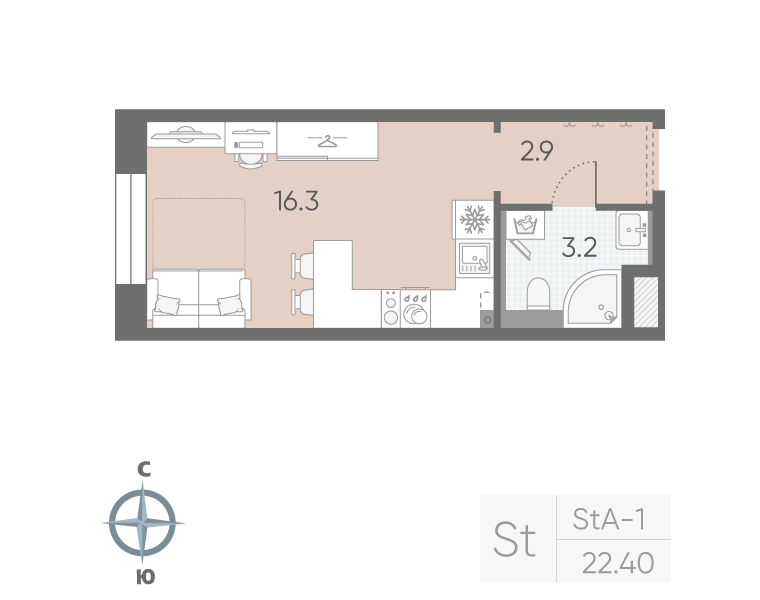 Студия 22,4 м²