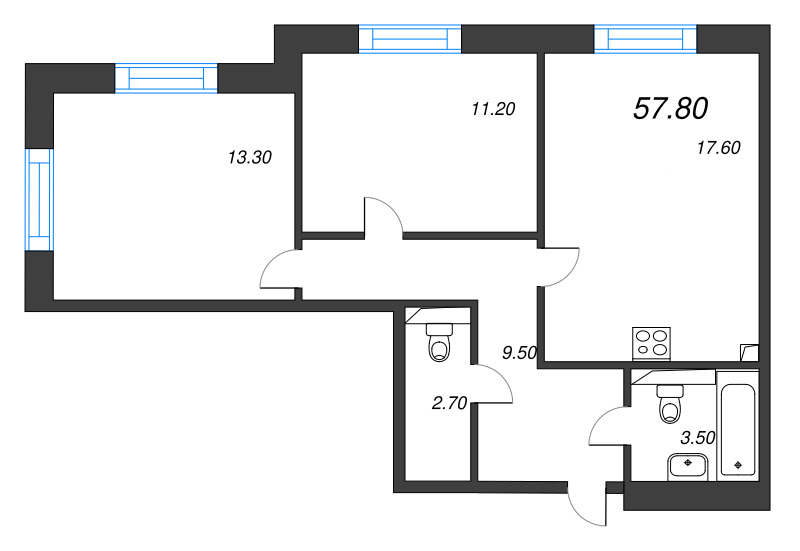3 ккв (Евро) 57,8 м²