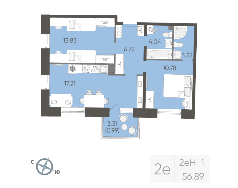 3 ккв (Евро) 56,9 м²