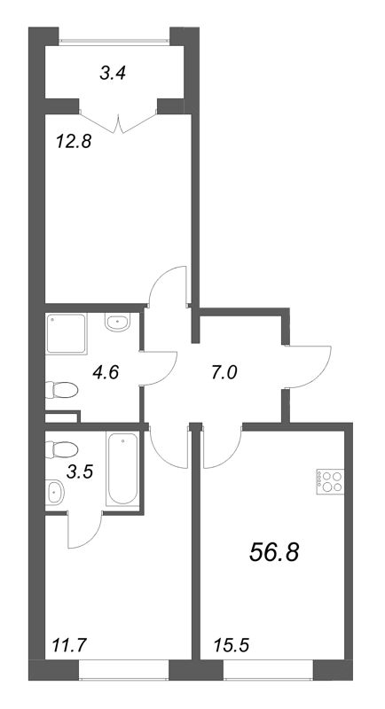 3 ккв (Евро) 56,8 м²
