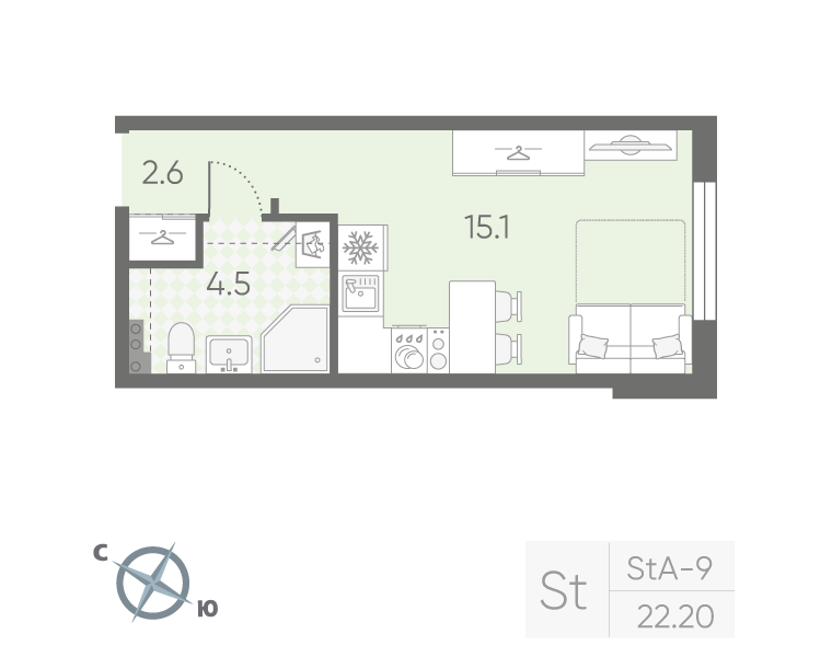 Студия 22,2 м²