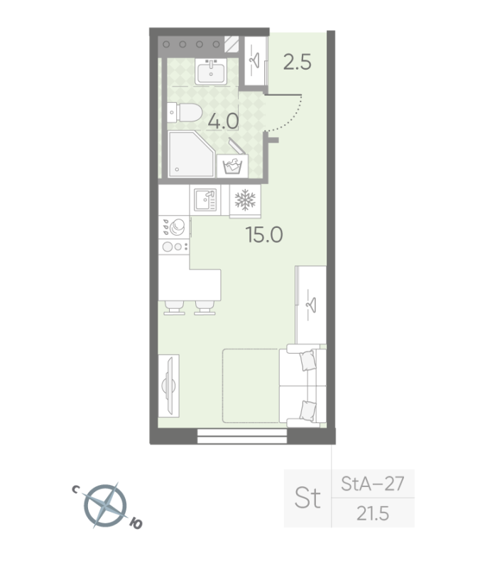 Студия 21,5 м²