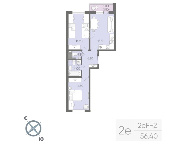 3 ккв (Евро) 56,4 м²
