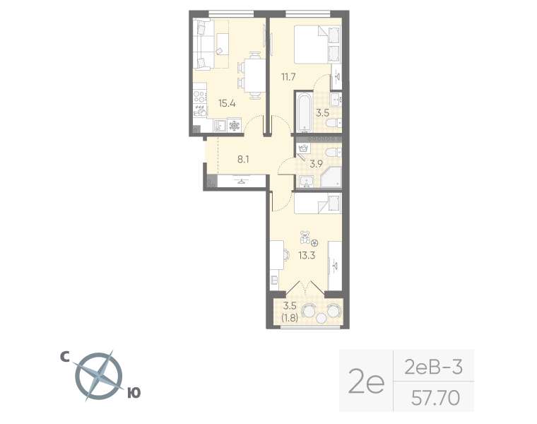 3 ккв (Евро) 57,7 м²