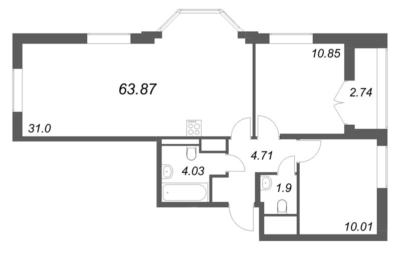 3 ккв (Евро) 63,9 м²