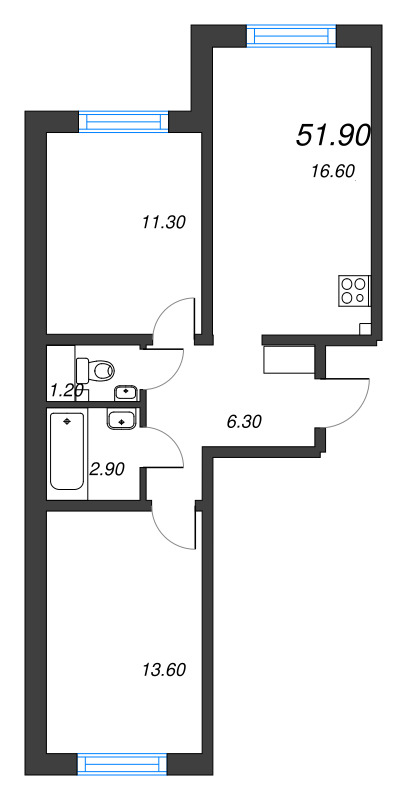 3 ккв (Евро) 51,9 м²