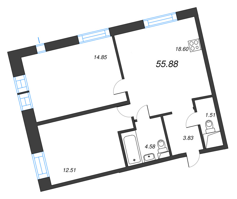 3 ккв (Евро) 55,9 м²