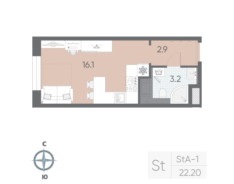 Студия 22,2 м²