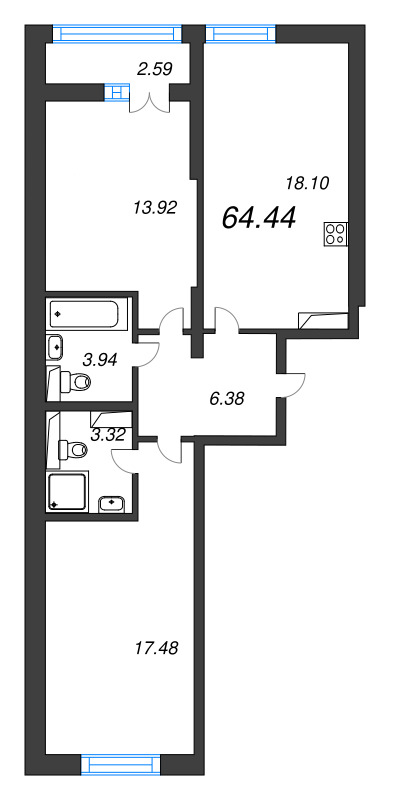 3 ккв (Евро) 64,4 м²