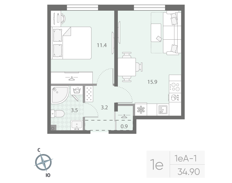 2 ккв (Евро) 34,9 м²