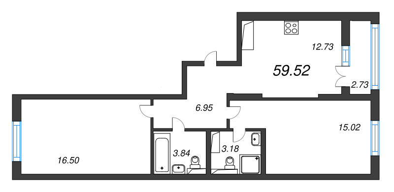 2 ккв 59,5 м²