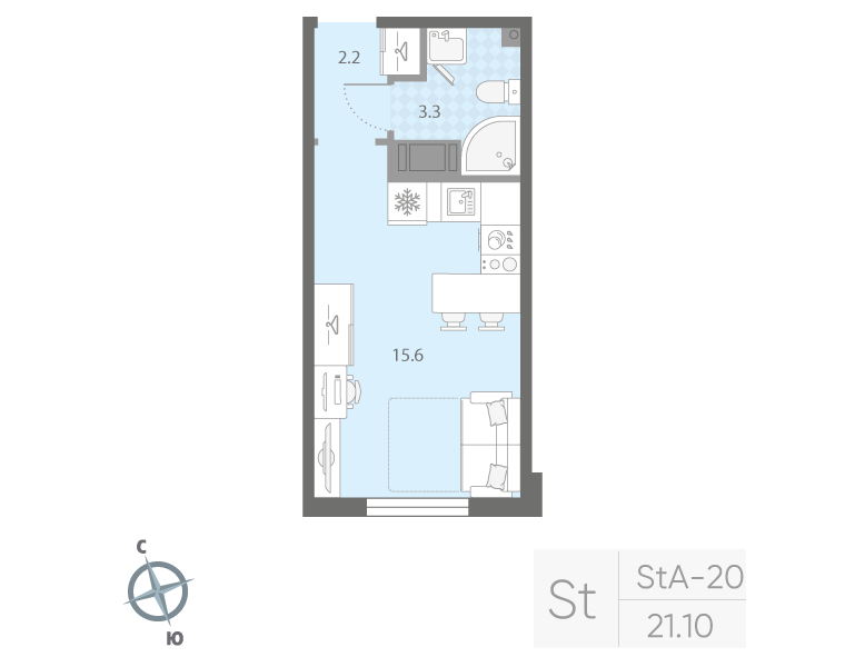 Студия 21,1 м²