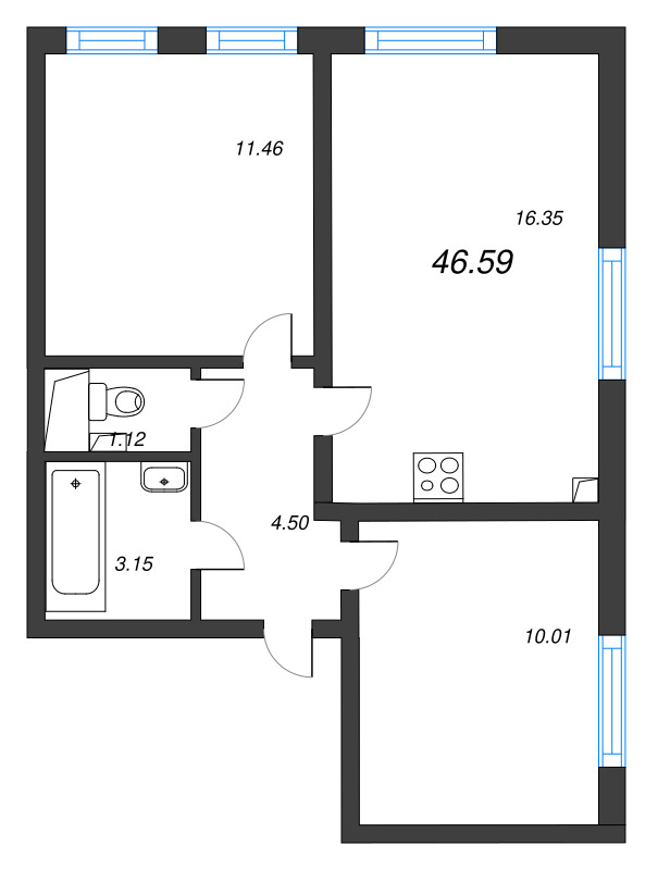 3 ккв (Евро) 46,6 м²