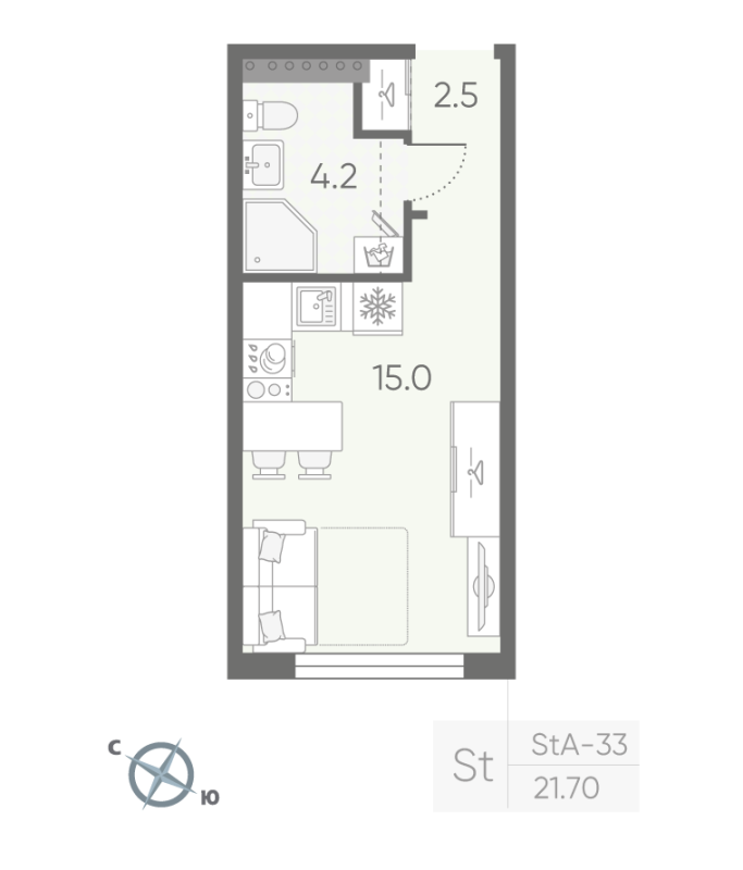Студия 21,7 м²