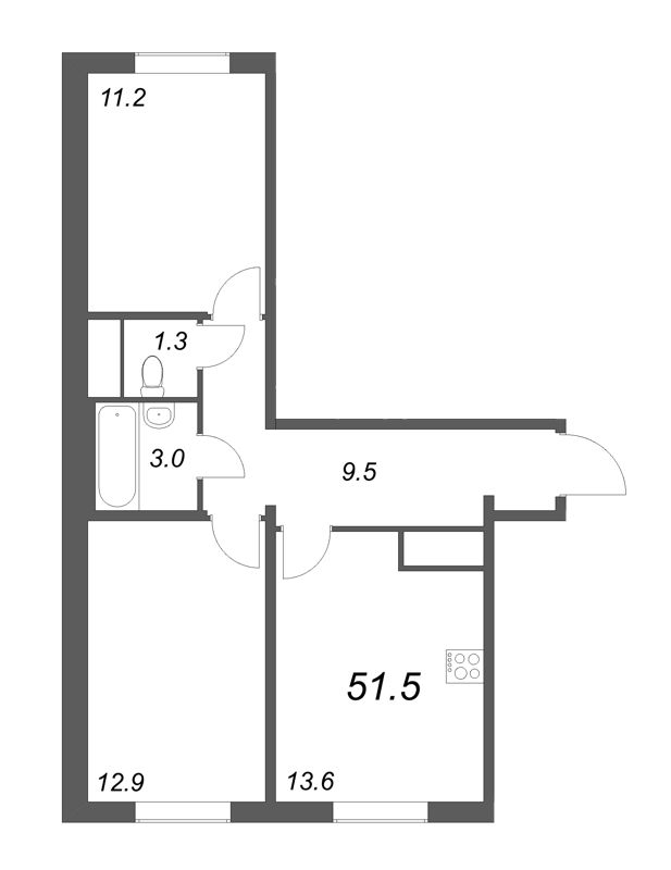 2 ккв 51,4 м²