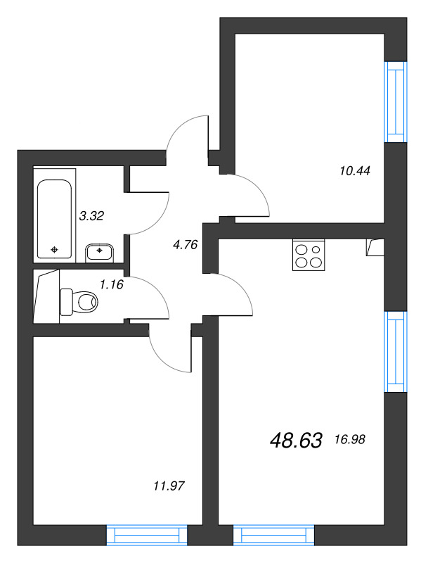 3 ккв (Евро) 48,6 м²
