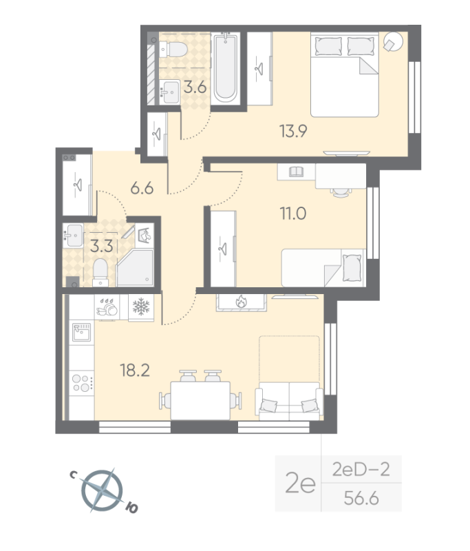 3 ккв (Евро) 56,6 м²