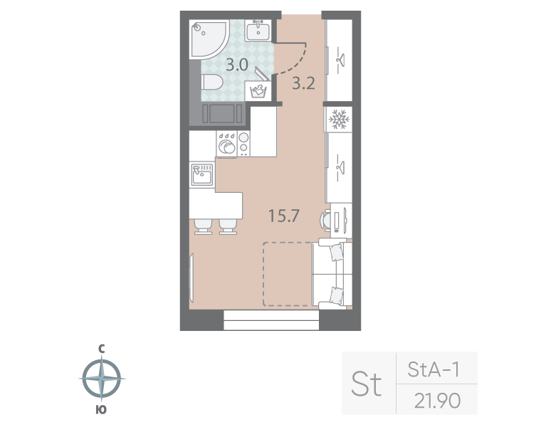 Студия 21,9 м²