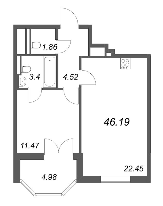 2 ккв (Евро) 46,2 м²