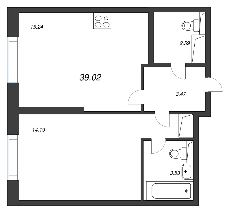 2 ккв (Евро) 39 м²