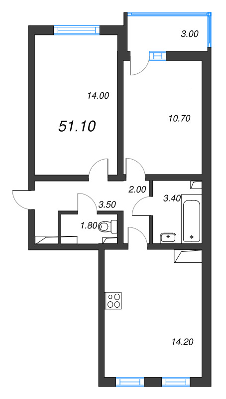2 ккв 51,1 м²