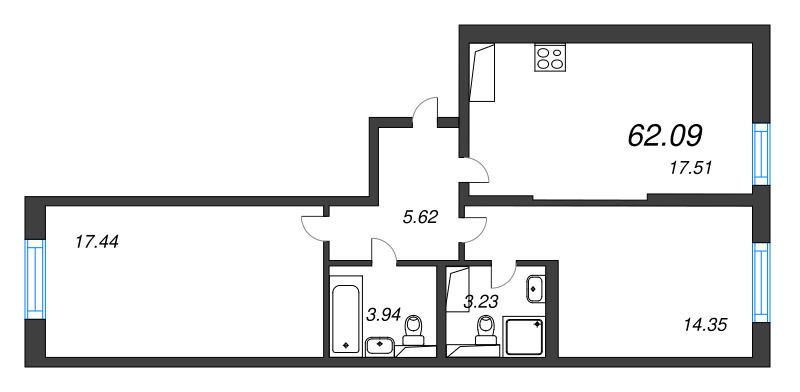 3 ккв (Евро) 62,1 м²