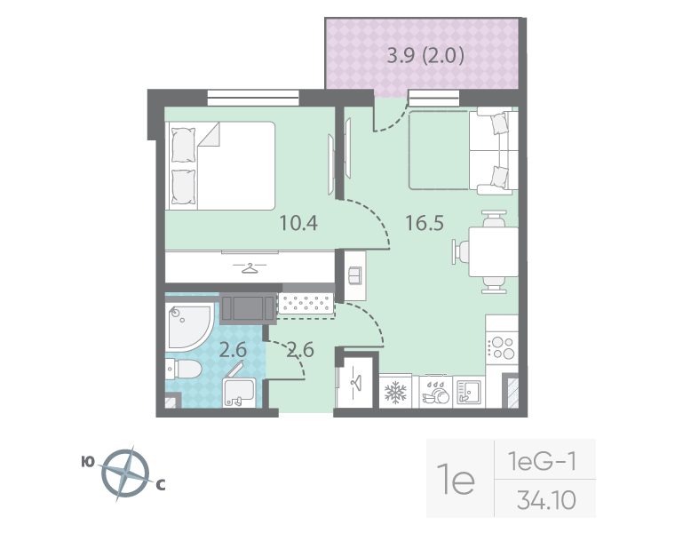 2 ккв (Евро) 34,1 м²