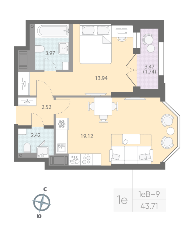 2 ккв (Евро) 43,7 м²