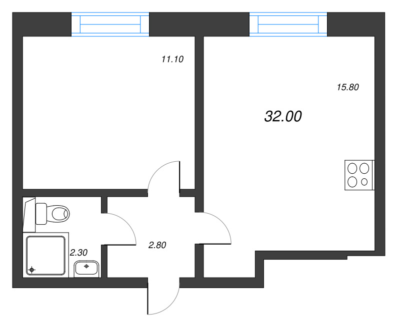2 ккв (Евро) 32 м²