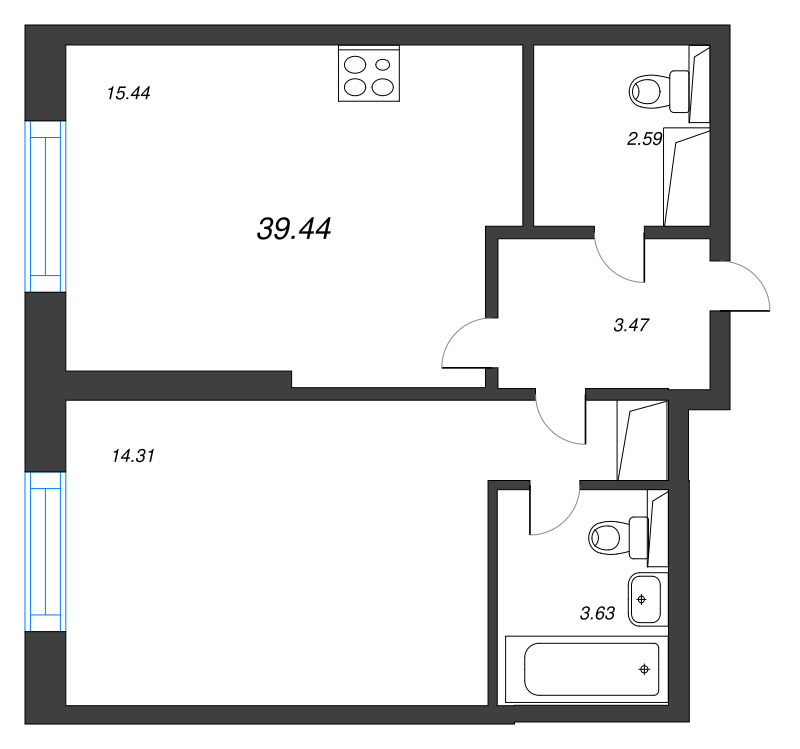 2 ккв (Евро) 39,4 м²