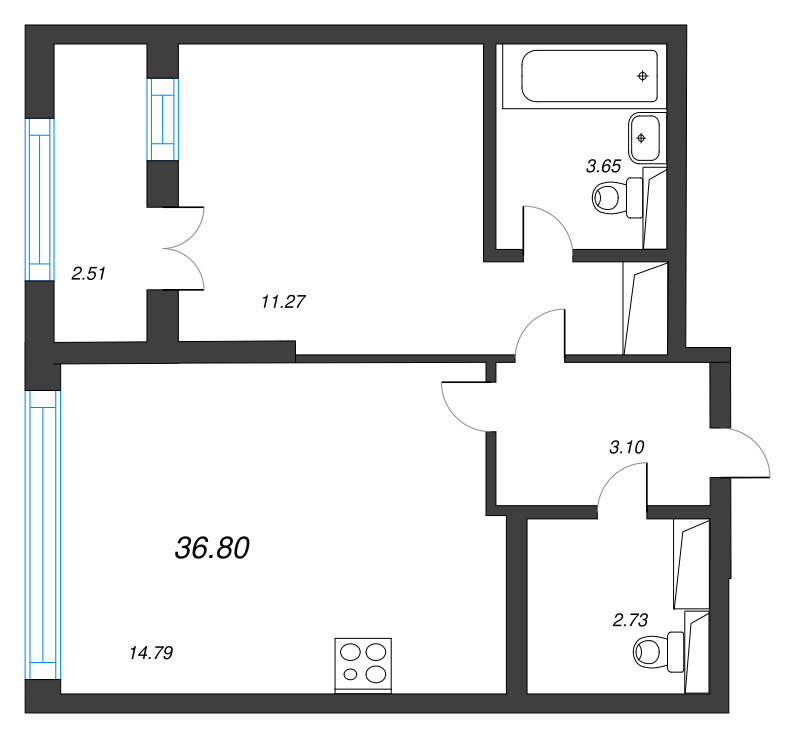 1 ккв 36,8 м²