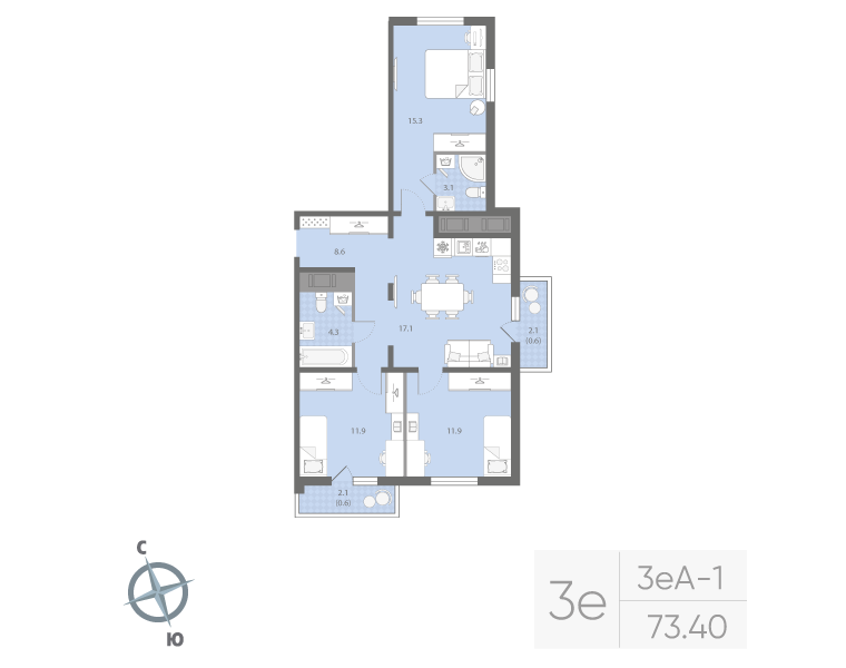 4 ккв (Евро) 73,4 м²