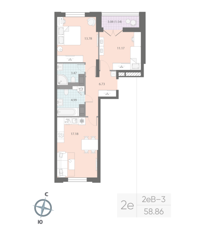 3 ккв (Евро) 58,9 м²